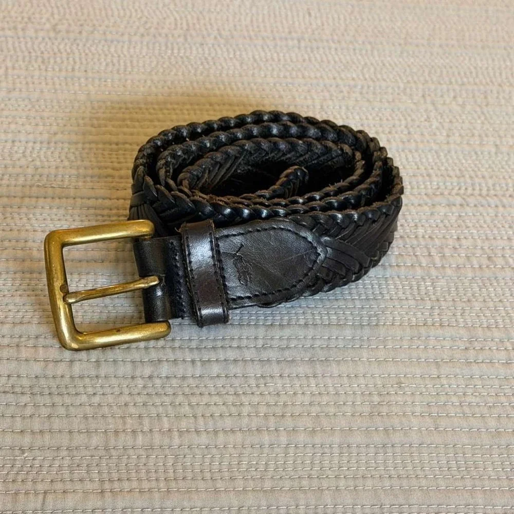 Polo Ralph Lauren Women's Braided Leather Belt Brown Brass Buckle Small‎